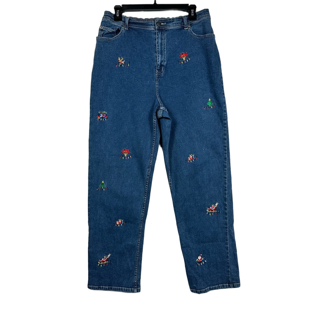 Quacker Factory Christmas Blue Jeans with Festive Embroidery Size Large